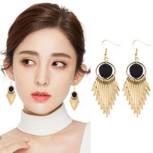 Black & Gold Round Arrow Tassel Drop Earrings